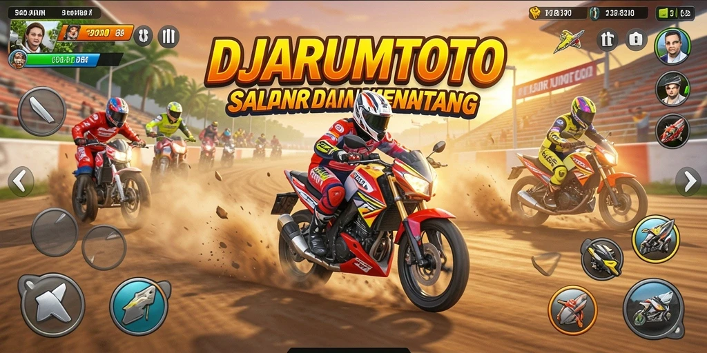 Tampilan gameplay seru DJARUMTOTO dengan balapan motor yang mendebarkan.