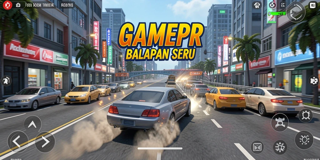 Screenshot gameplay menampilkan balapan seru di kota.
