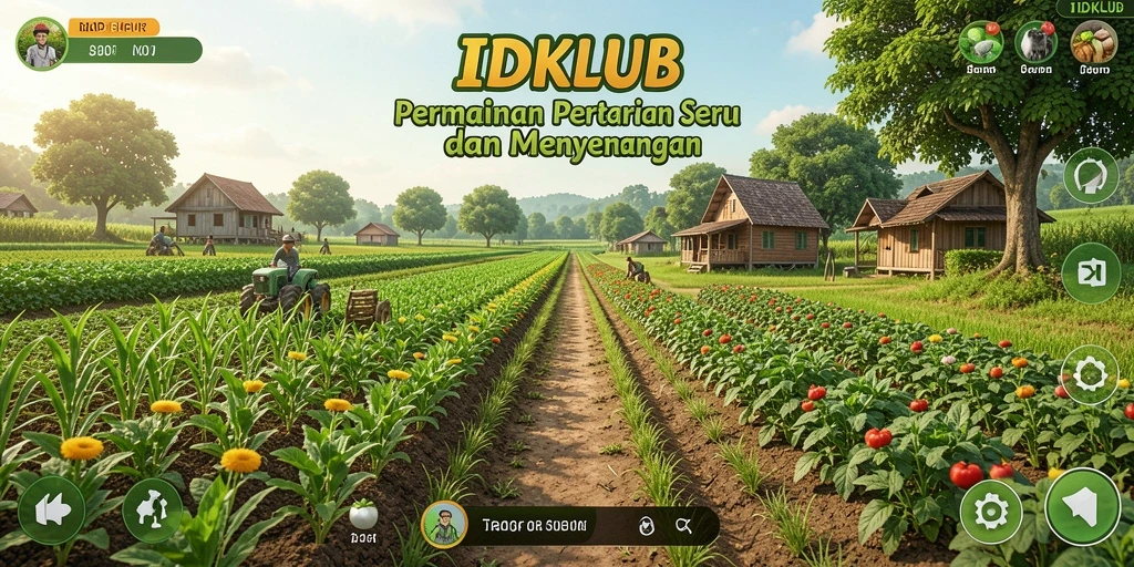Screenshot gameplay IDKLUB menampilkan suasana bertani yang ceria dan berwarna-warni.