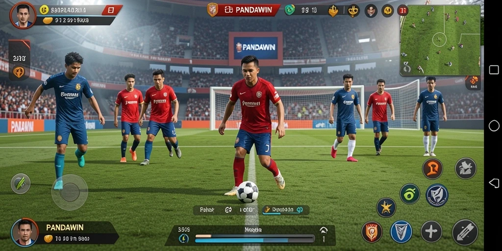 Screenshot dari gameplay PANDAWIN menampilkan aksi mendebarkan di lapangan.