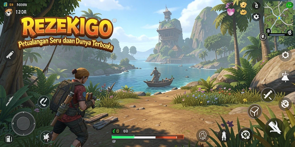 Tampilan gameplay menarik dari REZEKIGO dalam dunia terbuka yang luas.