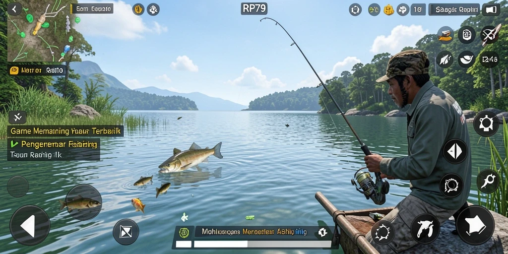 Screenshot gameplay RP79 yang menampilkan momen menangkap ikan.